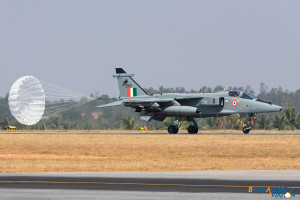 Indian Air Force Sepecat Jaguar arriving for static display.