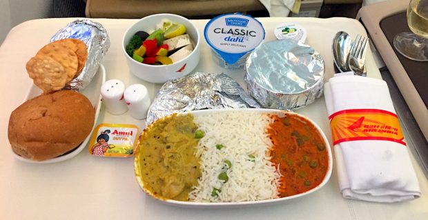 Air India business class lunch Mumbai to London Heathrow. Photo by Vedant Agarwal. All rights reserved.